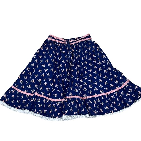 Vintage 70s Gunne Sax Style Girls Prairie Skirt Satin Lace Trim Floral Pattern - Picture 4 of 6